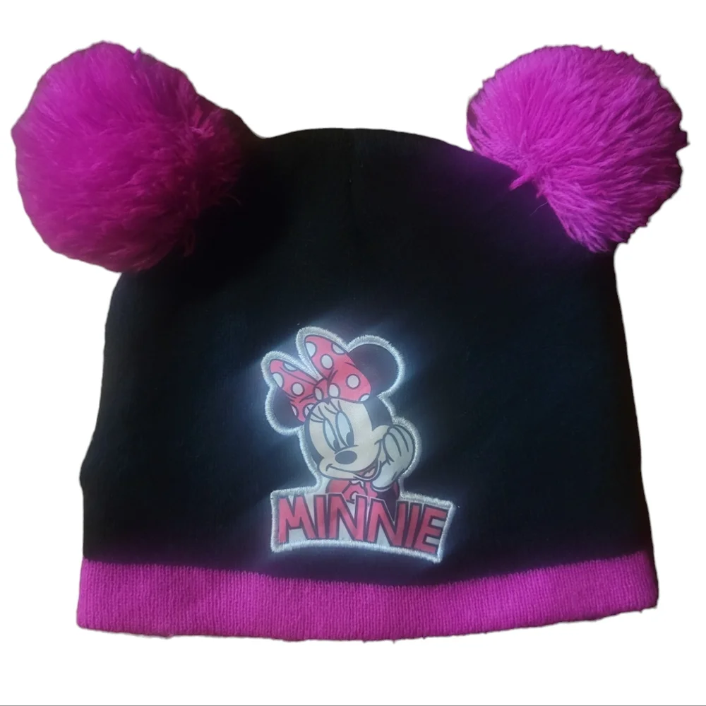 Vtg Disney Minnie Mouse Knit Hat Beanie Girls One Size Pom Poms Pink Black